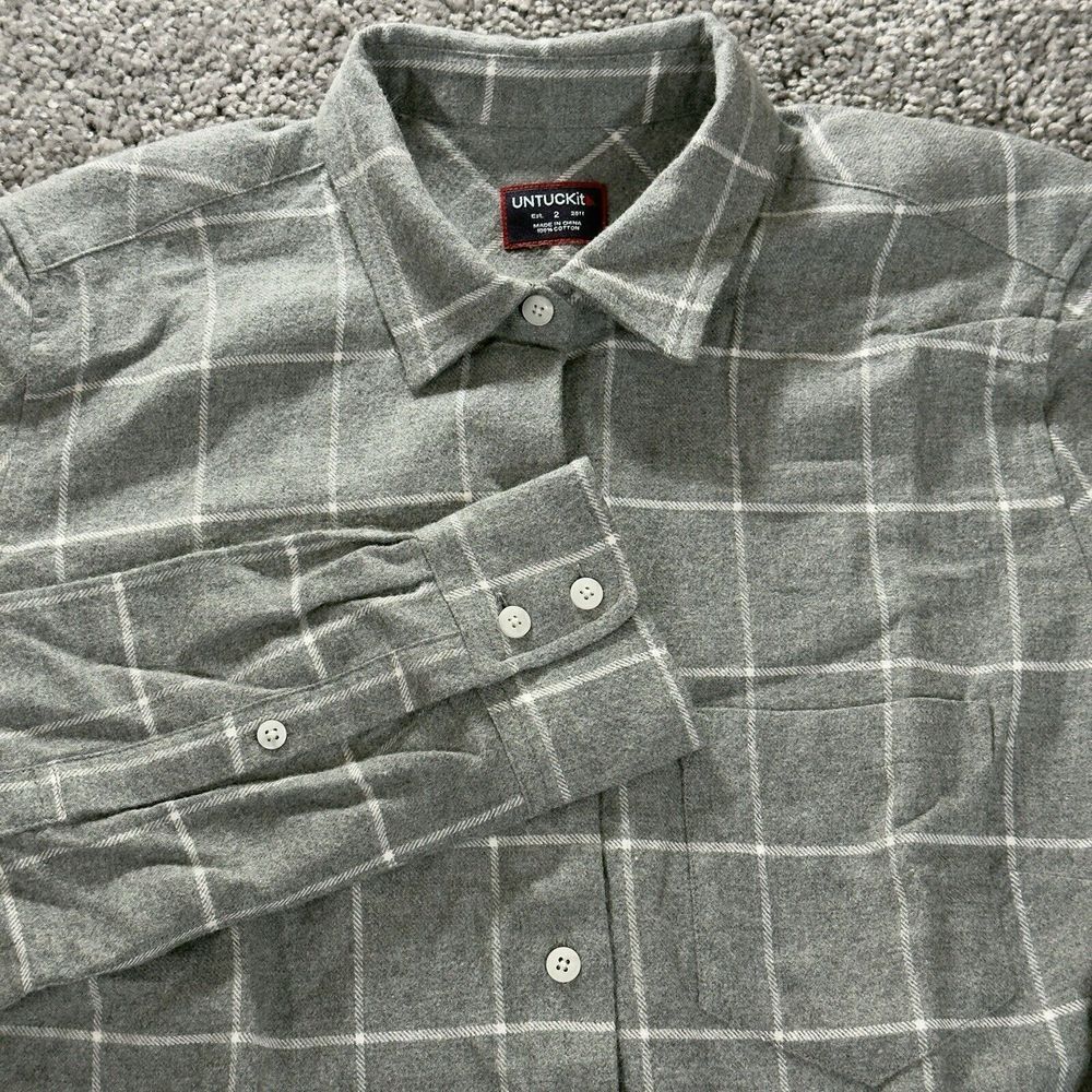UNTUCKit Women's Size 2 Windowpane Plaid Flannel Gray White Shirt NWOT Button Up